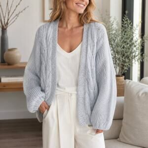 The Knotty Ones Super Kid Mohair & Mulberry Silk Cardigan Blue Cable Knit Size S